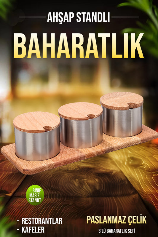 3'lü Paslanmaz Çelik Baharatlık Şekerlik Ahşap Stantlı Kafe Restorant Baharatlık