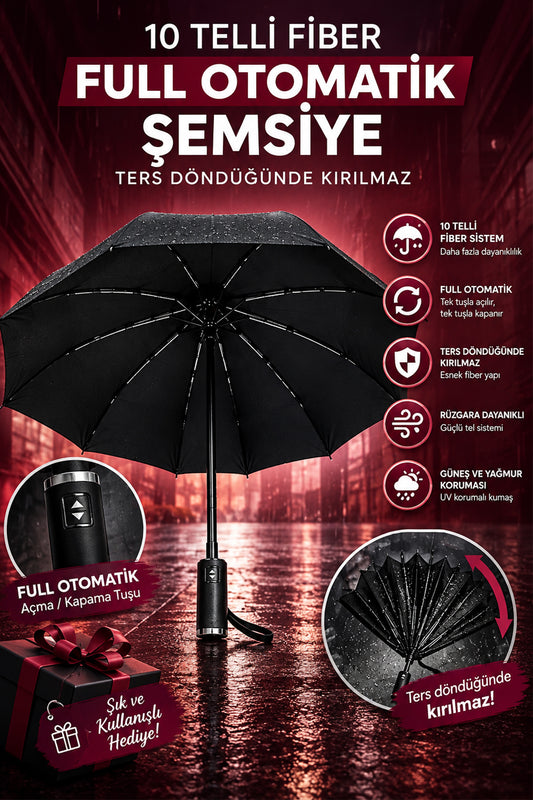 Tam Otomatik 10 Tel Rüzgara Dayanıklı Kırılmaz Şemsiye