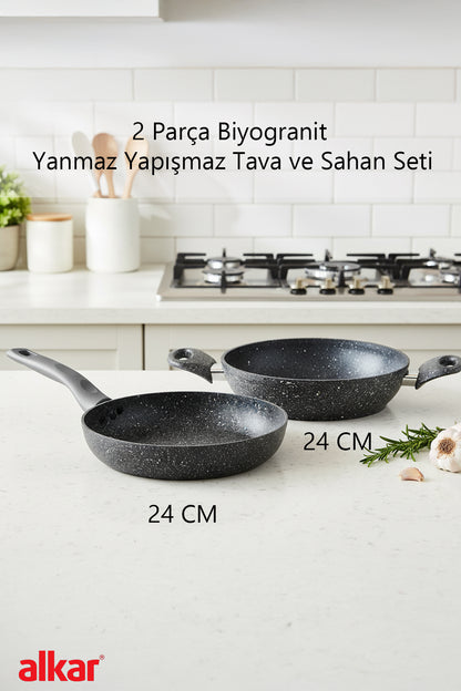 2 Parça 24 CM Bio Granit Sahan ve Tava Seti Yanmaz Yapışmaz, Sağlıklı ve Dayanıklı Kullanım