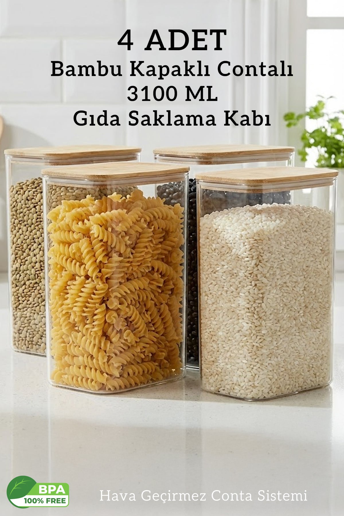 4'lü Bambu Kapaklı Dikdörtgen 3100 ML Hava Geçirmez Gıda Saklama Kabı – 3.1 Litre