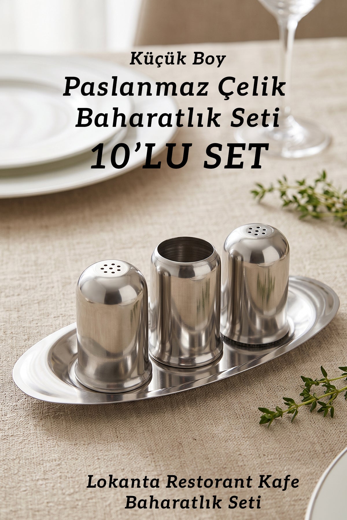 10'lu Küçük Boy Paslanmaz Çelik Baharatlık Seti Tepsili Metal Baharat Kabı Restoran Lokanta Kafe Otel Ev Kullanımı