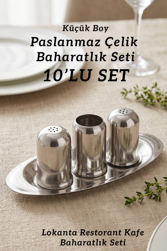 10'lu Küçük Boy Paslanmaz Çelik Baharatlık Seti Tepsili Metal Baharat Kabı Restoran Lokanta Kafe Otel Ev Kullanımı
