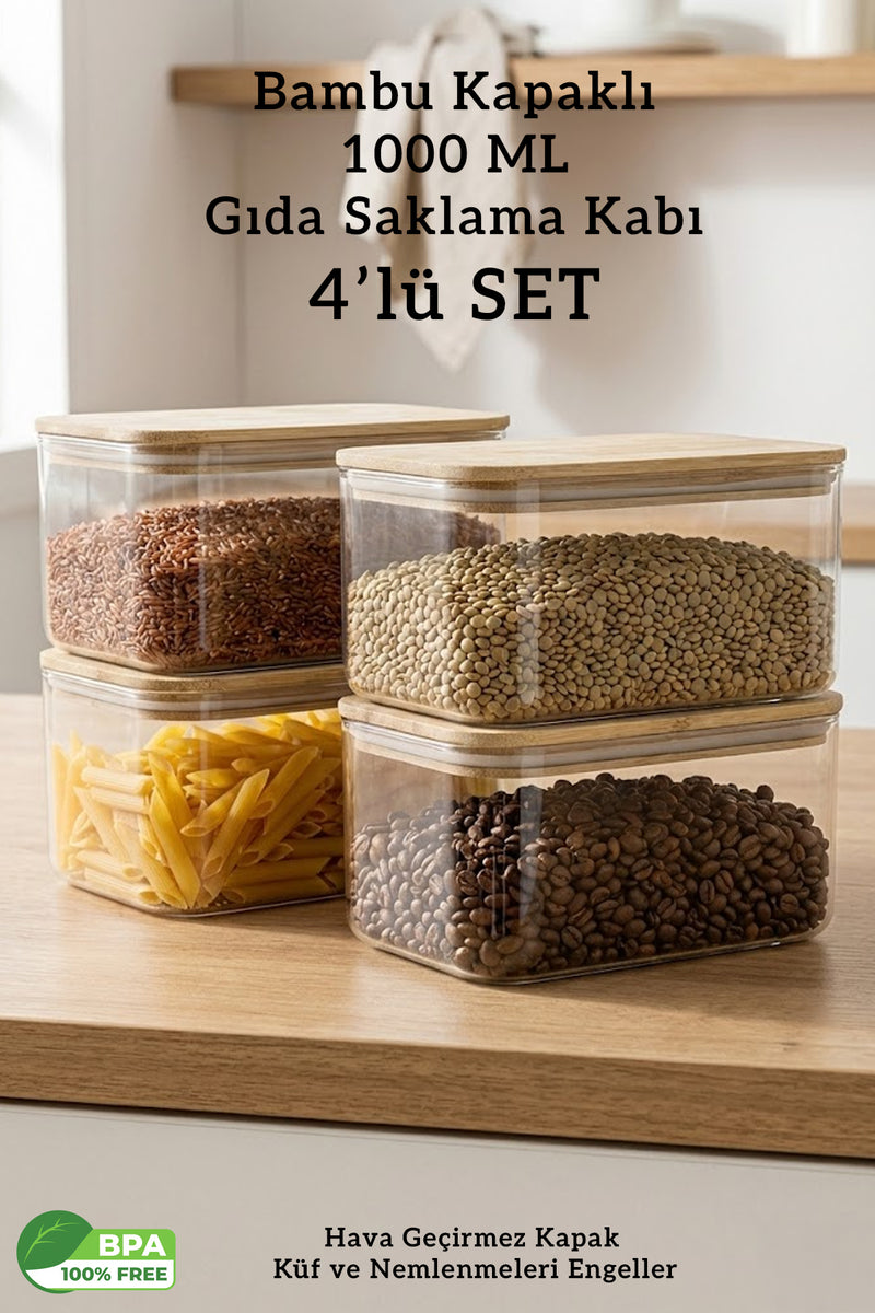 Bambu Kapaklı Dikdörtgen 4’lü Hava Geçirmez Gıda Saklama Kabı Seti – 1 Litre Contalı Erzak Kabı