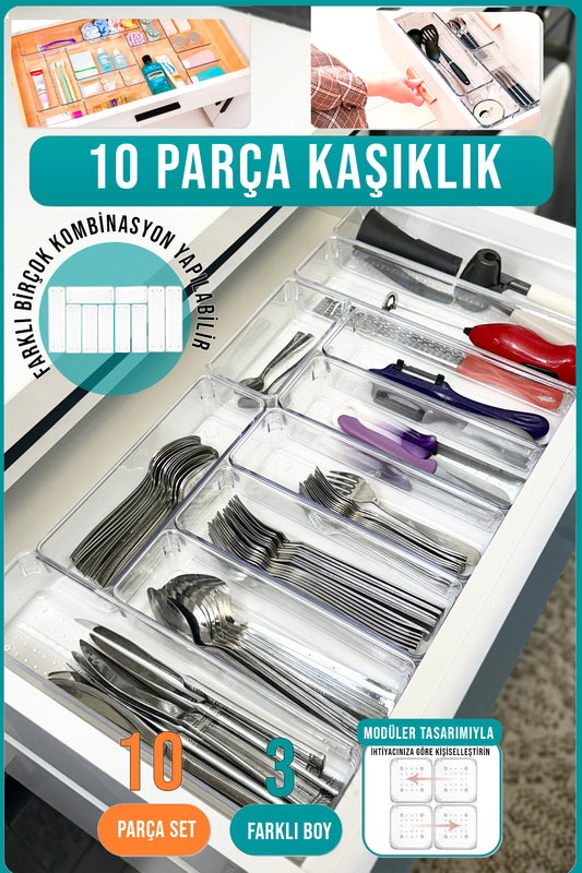 10'lu Modüler Şeffaf Kaşıklık Organizer Kaşık Düzenleyici Çekmece İçi Organizer