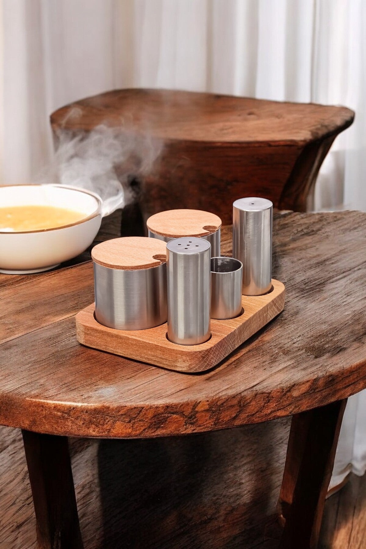 5'li Ahşap Stantlı Paslanmaz Çelik Baharatlık ve Şekerlik Seti Kafe Restorant Set