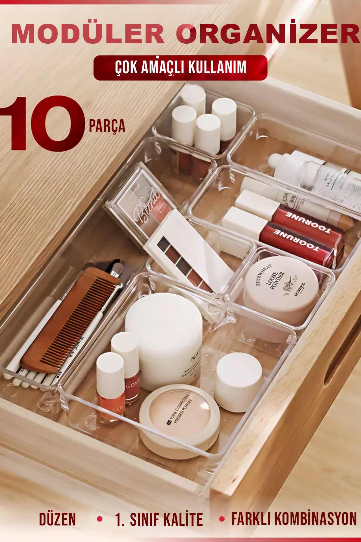 10'lu Çok Amaçlı Çekmece İçi Düzenleyici Set Şeffaf Organizer Makyaj Takı Organizeri