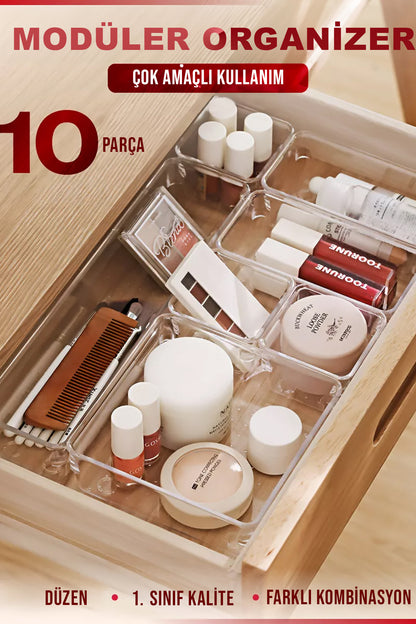 10'lu Çok Amaçlı Çekmece İçi Düzenleyici Set Şeffaf Organizer Makyaj Takı Organizeri