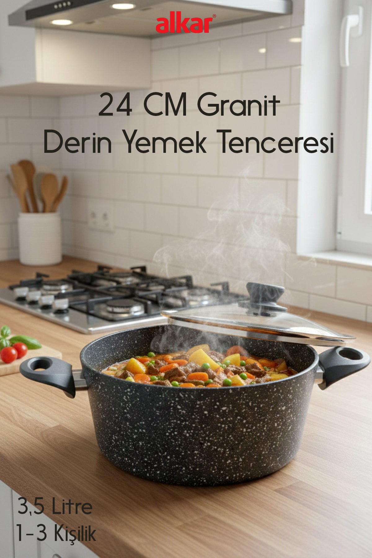 24 CM Bio Granit Döküm Derin Yemek Tenceresi Yanmaz ve Yapışmaz PFOA Free