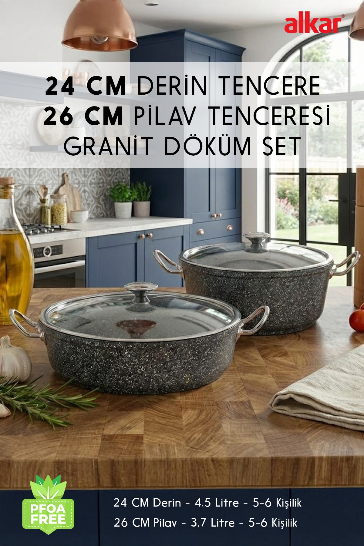 2'li Orta Boy Tencere Set 24 Cm Derin ve 26 Cm Pilav Karnıyarık Granit Döküm Tencere Seti