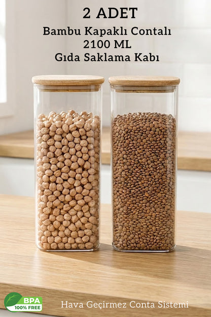 2’li Bambu Kapaklı Büyük Boy Kare Hava Geçirmez Saklama Kabı - 2100 ML