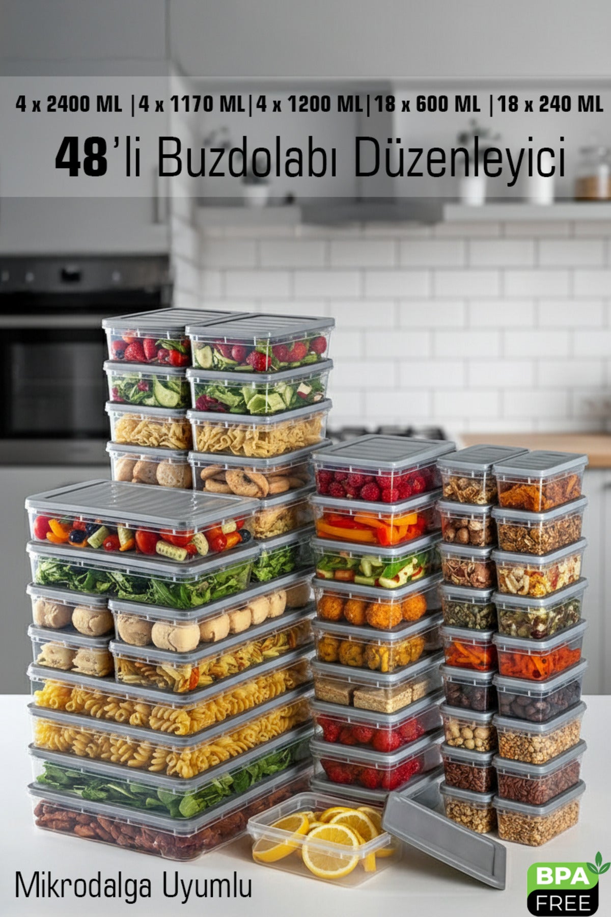 48 Parça Mega Saklama Kabı Seti – 2400-1170-1200-600-240 ml – Kilitli Kapak – Sızdırmaz – BPA’sız