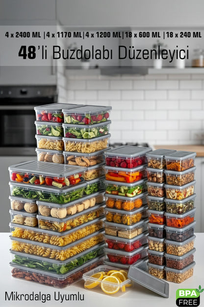 48 Parça Mega Saklama Kabı Seti – 2400-1170-1200-600-240 ml – Kilitli Kapak – Sızdırmaz – BPA’sız