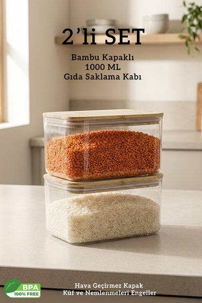 Bambu Kapaklı 2’li Dikdörtgen Hava Geçirmez Çok Amaçlı Bakliyat Gıda Saklama Kabı - 1000 ML