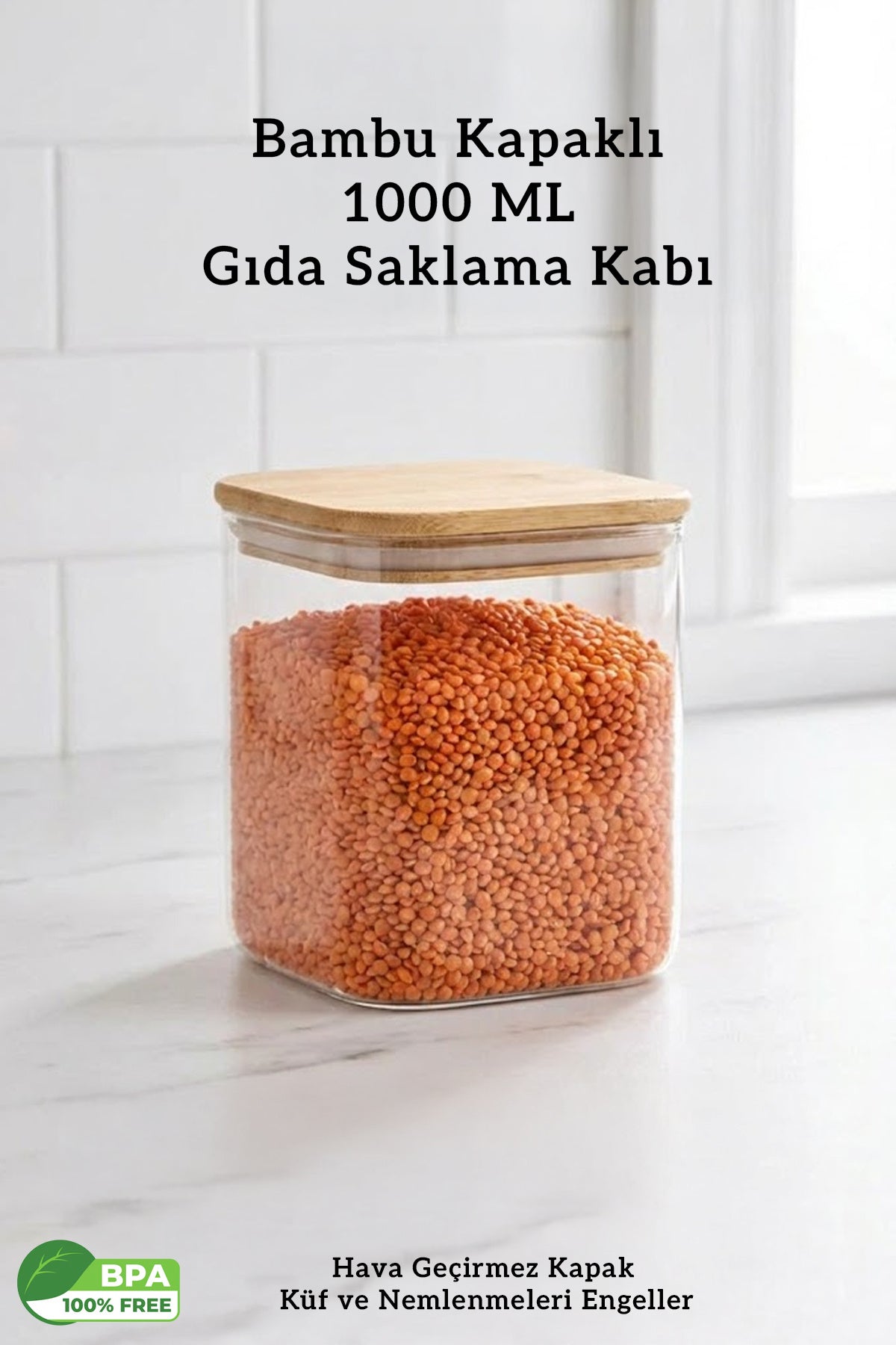1 Litre Bambu Kapaklı Hava Geçirmez Contalı Gıda Bakliyat Saklama Kabı - 1000 ML