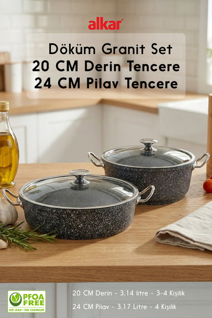 20 Cm Derin & 24 Cm Pilav Tencere Seti Granit Döküm Tencere Seti Fırına Girebilir