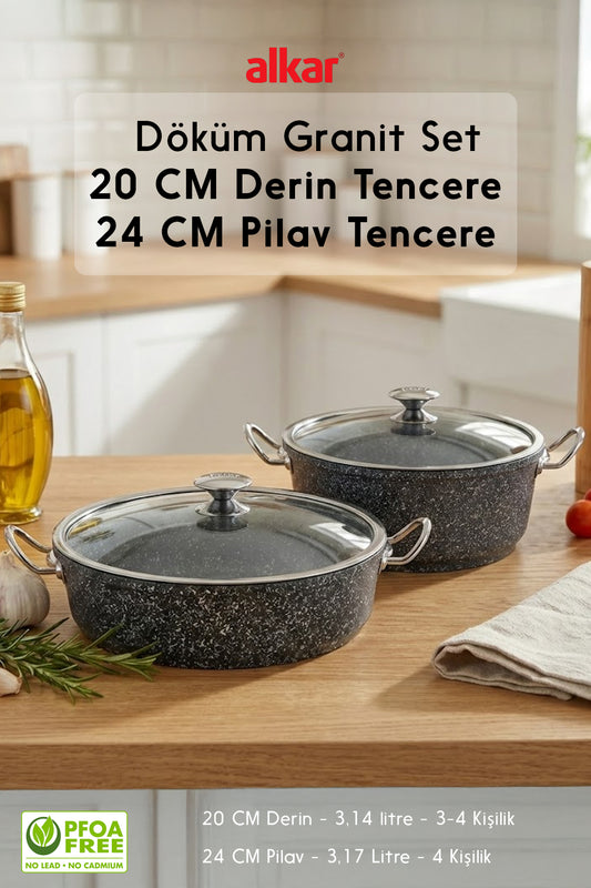 20 Cm Derin & 24 Cm Pilav Tencere Seti Granit Döküm Tencere Seti Fırına Girebilir