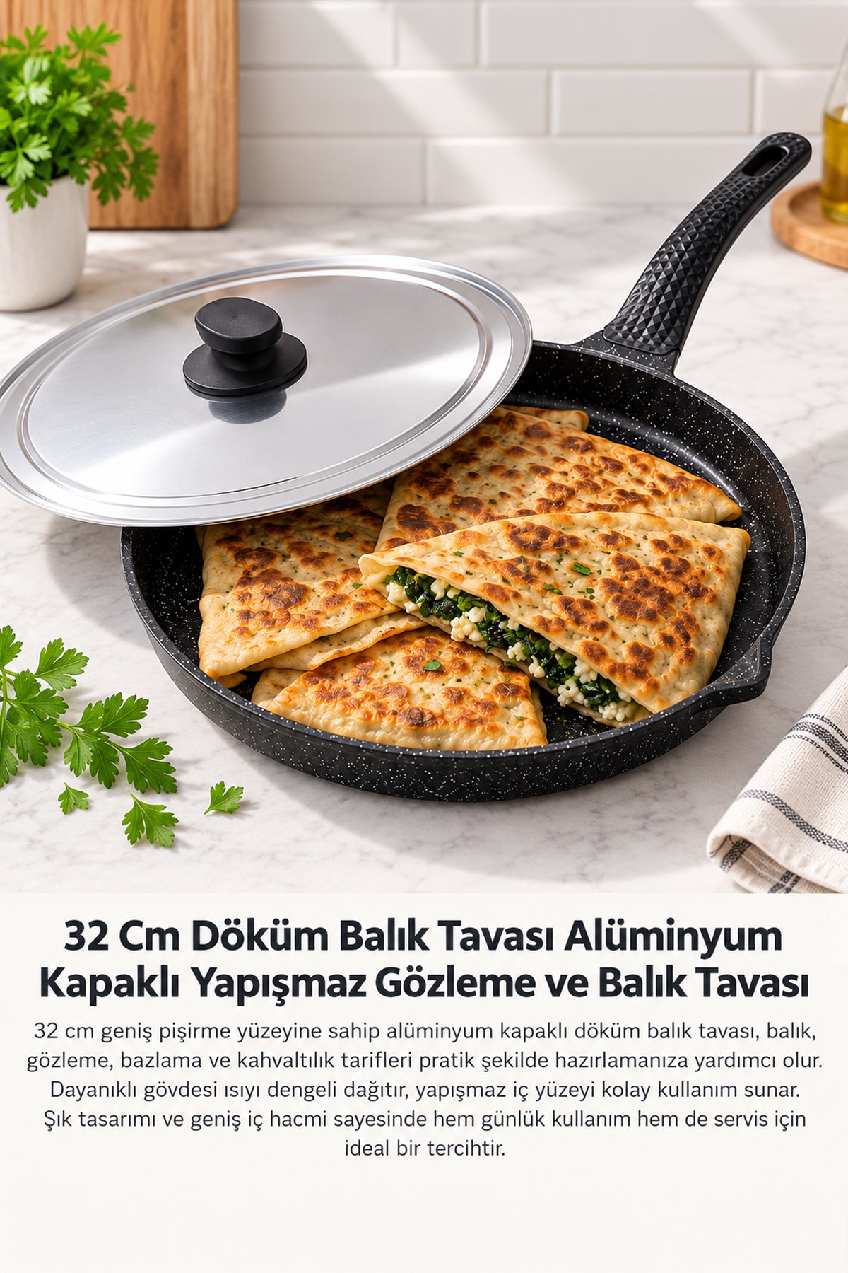 32 Cm Döküm Balık Tavası Alüminyum Kapaklı Yapışmaz Geniş Tava – Balık, Gözleme ve Bazlama Tavası