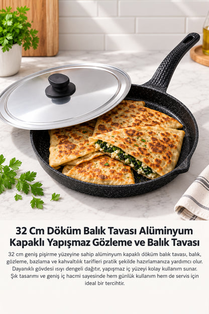 32 Cm Döküm Balık Tavası Alüminyum Kapaklı Yapışmaz Geniş Tava – Balık, Gözleme ve Bazlama Tavası