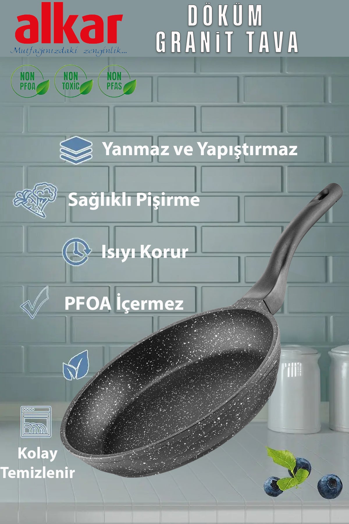 28 CM Granit Döküm Tava Yanmaz Yapışmaz Ağır Döküm