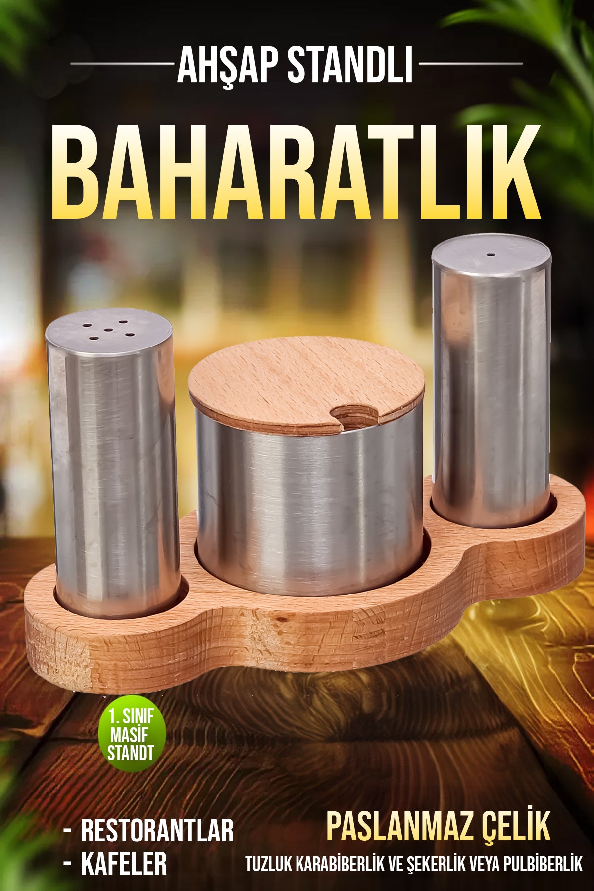 Paslanmaz Çelik Ahşap Stantlı Tuzluk Şekerlik ve Karabiberlik Seti Kafe Restorant Baharatlık Seti