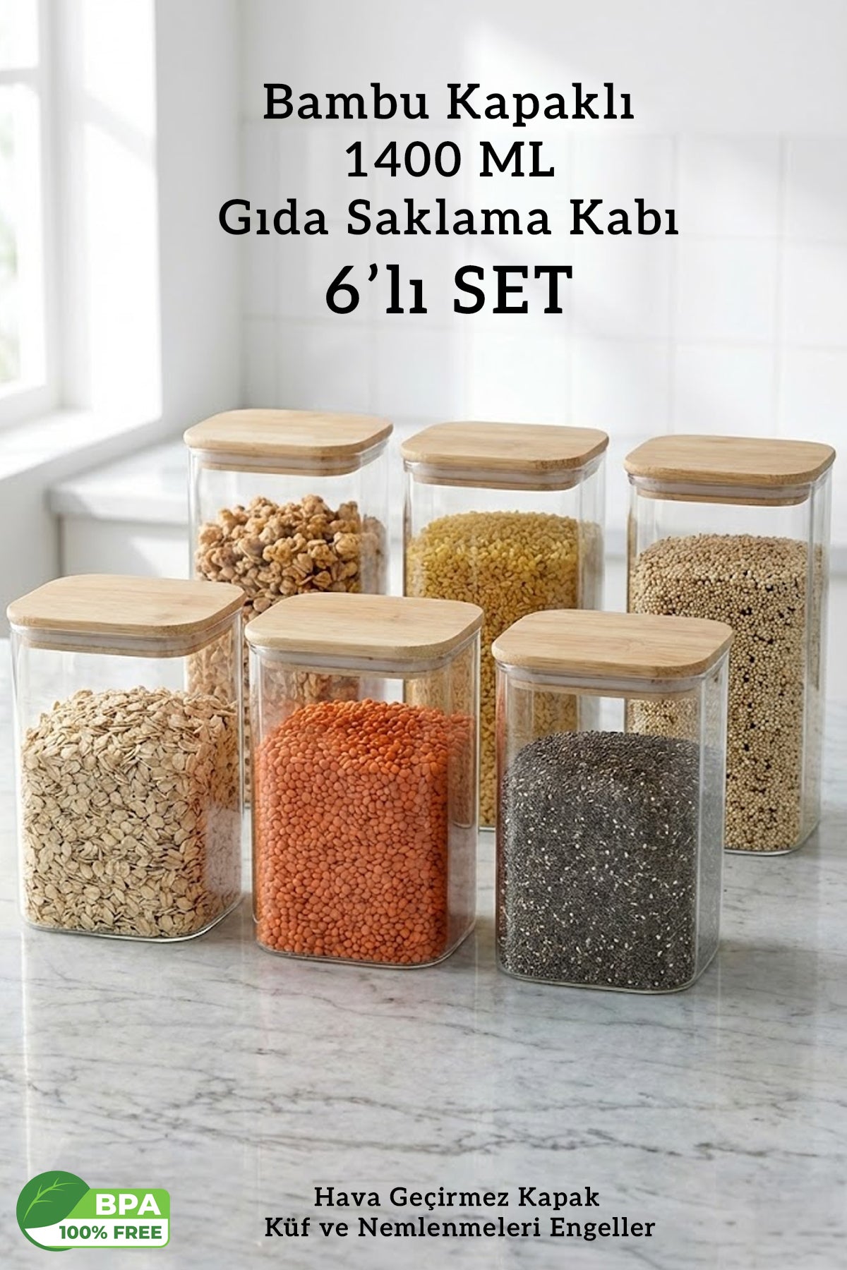 Bambu Kapaklı Kare 6’lı 1400 ML Hava Geçirmez Gıda Saklama Kabı Seti – 1.4 Litre