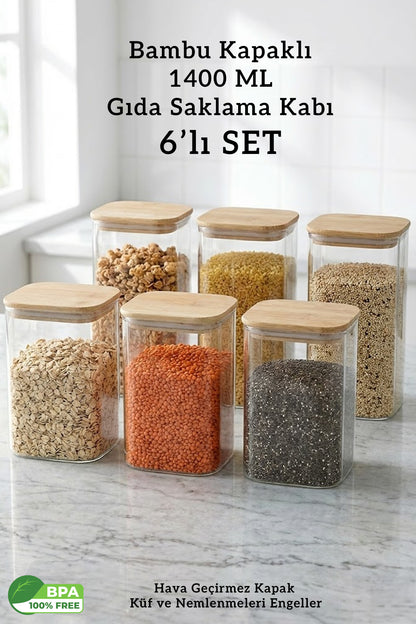 Bambu Kapaklı Kare 6’lı 1400 ML Hava Geçirmez Gıda Saklama Kabı Seti – 1.4 Litre