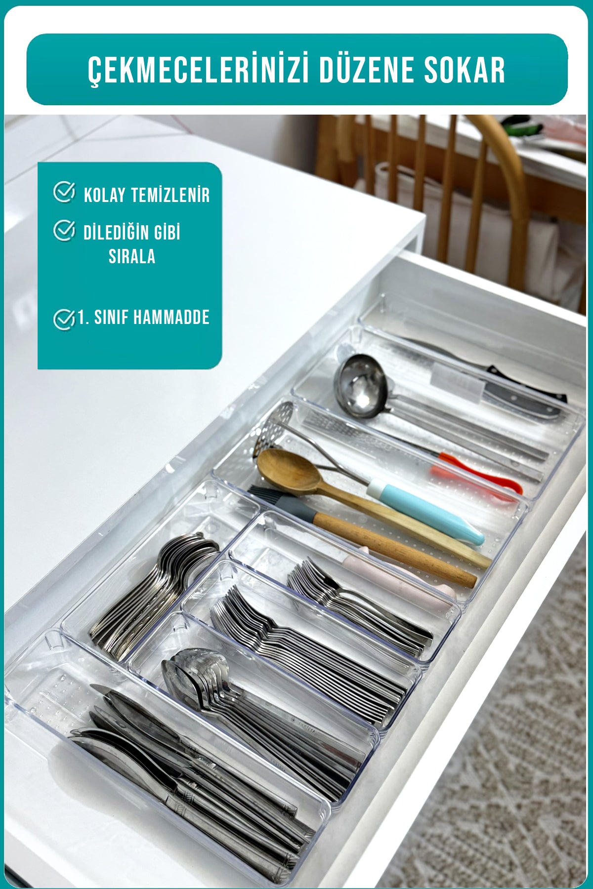 8'li Modüler Kaşıklık ve Kepçelik Düzenleyici Organizer - İki Çekmecede Kullanılabilir