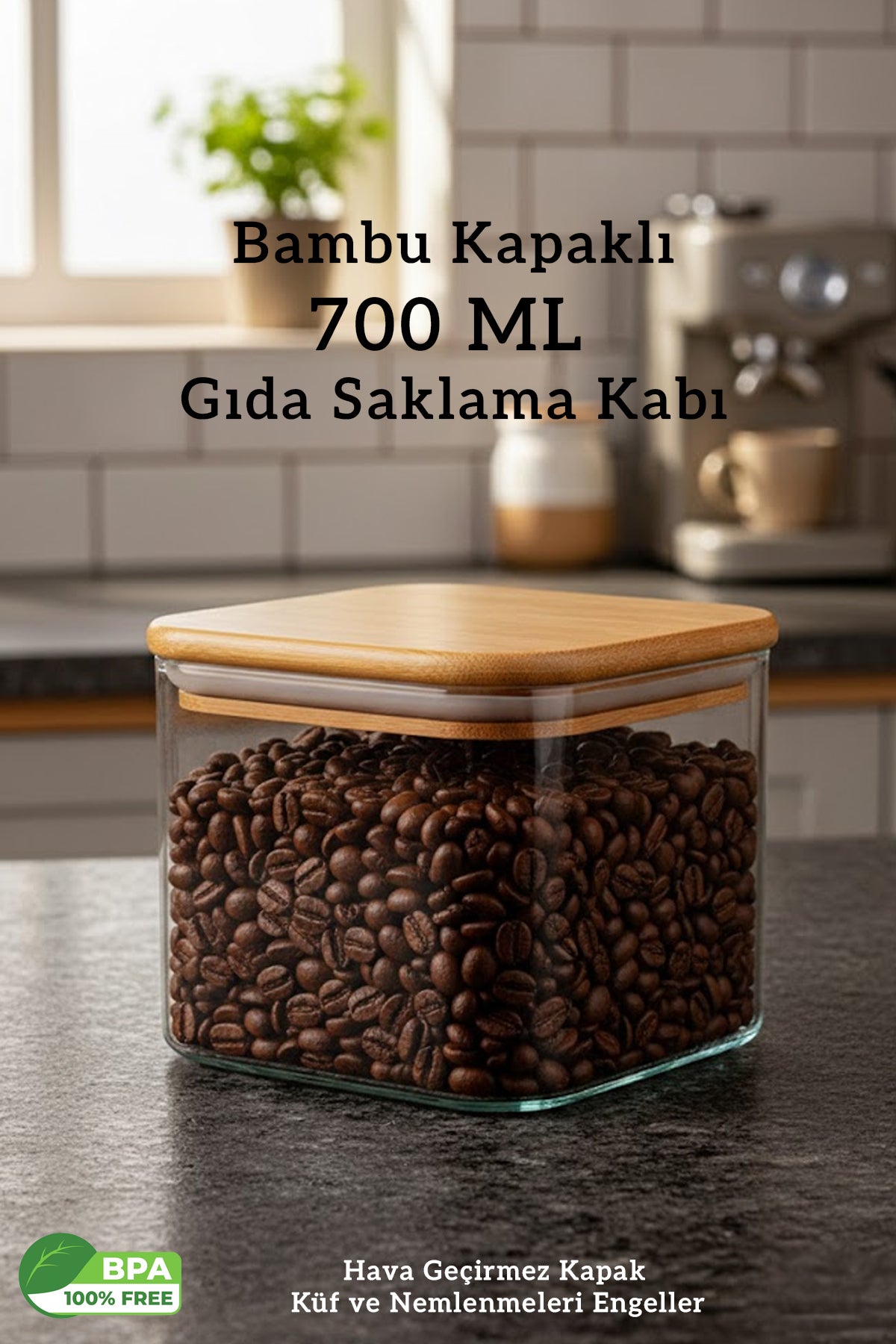 Bambu Kapak Nora Kare 700 ML Hava Almaz Vakumlu Gıda Bakliyat Erzak Kabı
