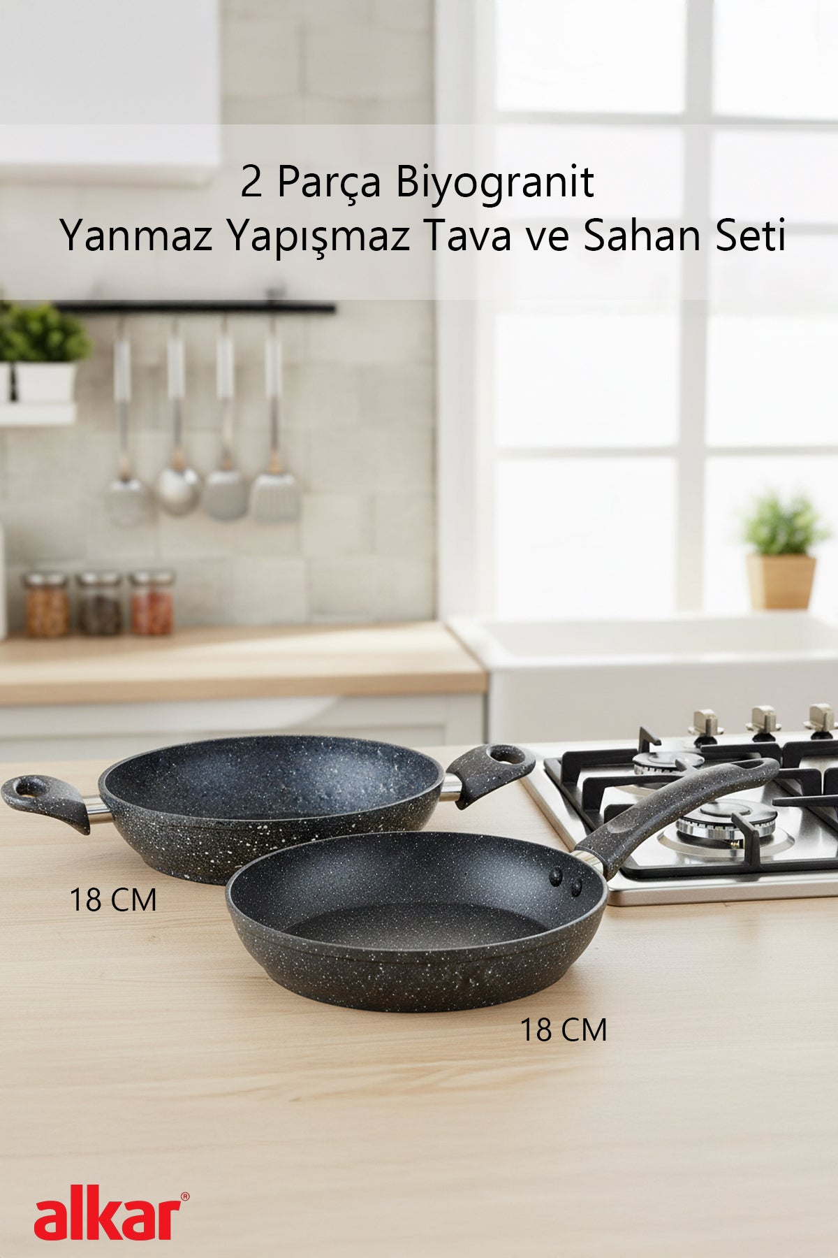 2 Parça 18 CM Sahan 22 CM Tava Bio Granit Sahan ve Tava Seti Yanmaz Yapışmaz