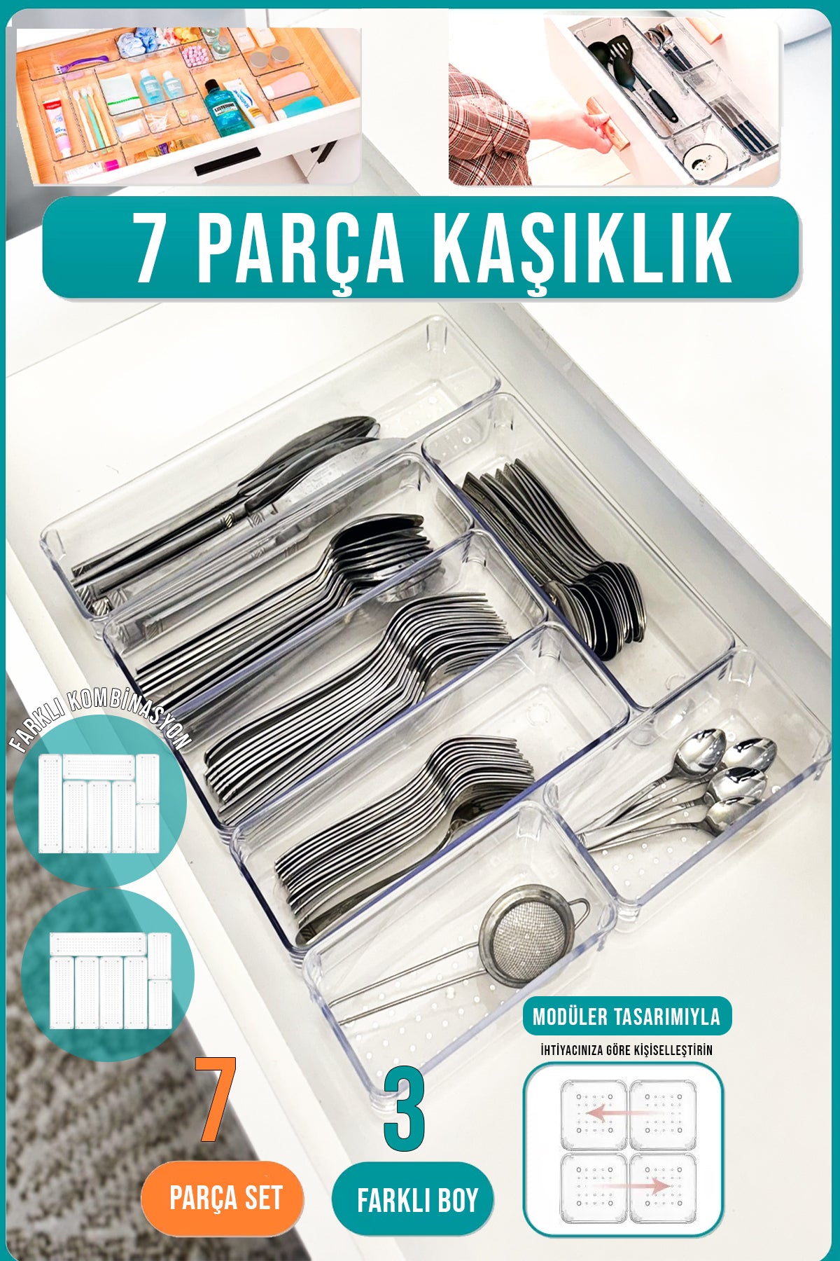 7 Parça Modüler Şeffaf Kaşıklık Çekmece İçi Düzenleyici Organizer