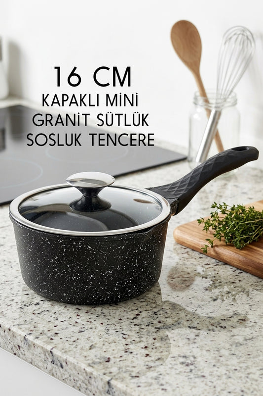 16 cm Kapaklı Sosluk Sütlük Tencere Granit Cam Kapaklı Tek Saplı Küçük Tencere