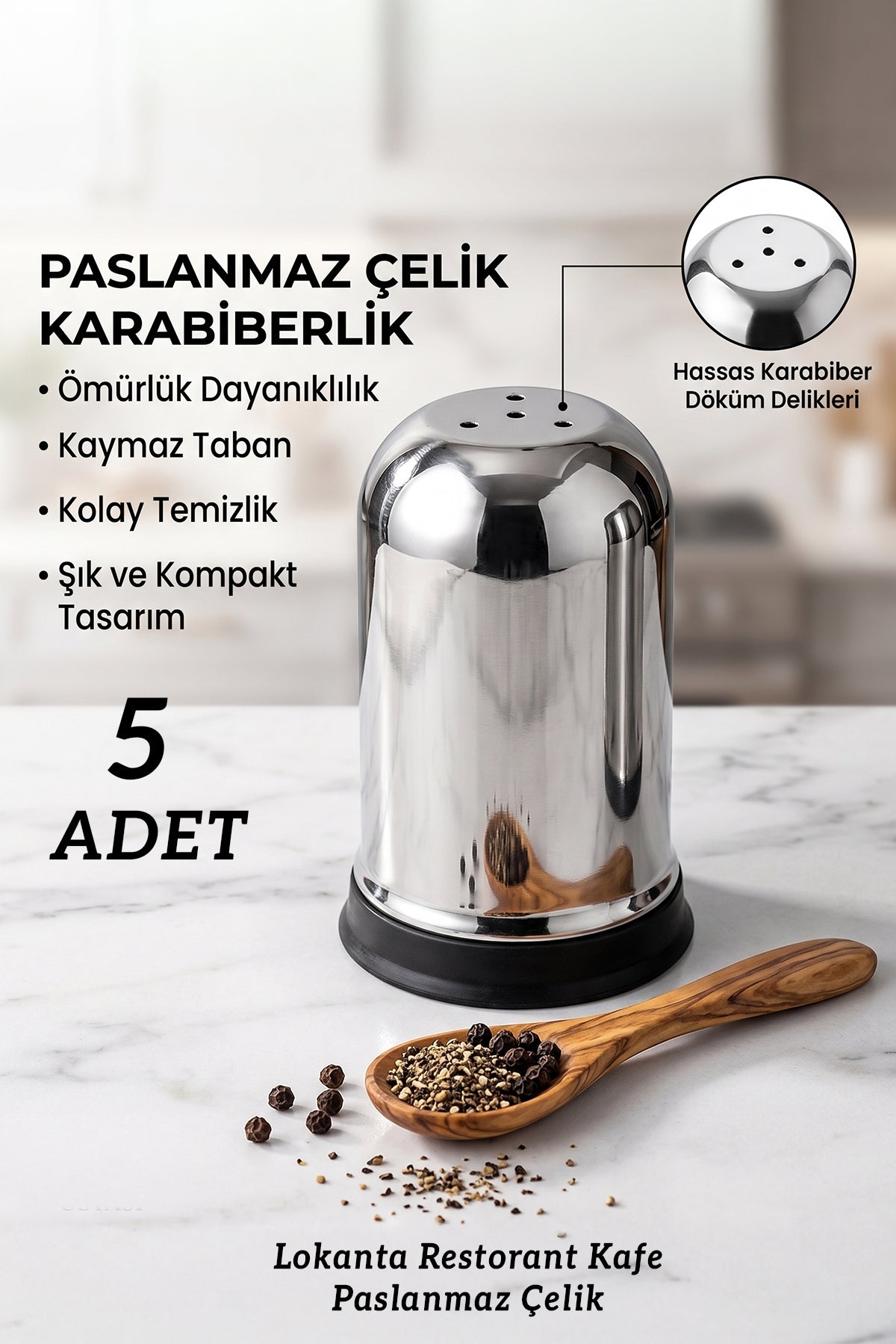 5 Adet Paslanmaz Çelik Karabiberlik | Lokanta Restoran Otel Kafe Karabiberlik | Masaüstü Baharatlık Seti
