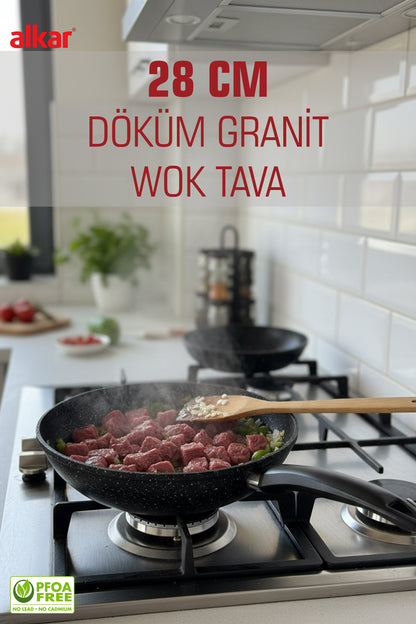 28 CM Döküm Granit Yanmaz Yapışmaz Derin Wok Tava