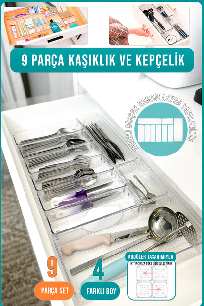 9'lu Modüler Kaşık ve Kepçe Düzenleyici Organizer İki Çekmecede Kullanılabilir