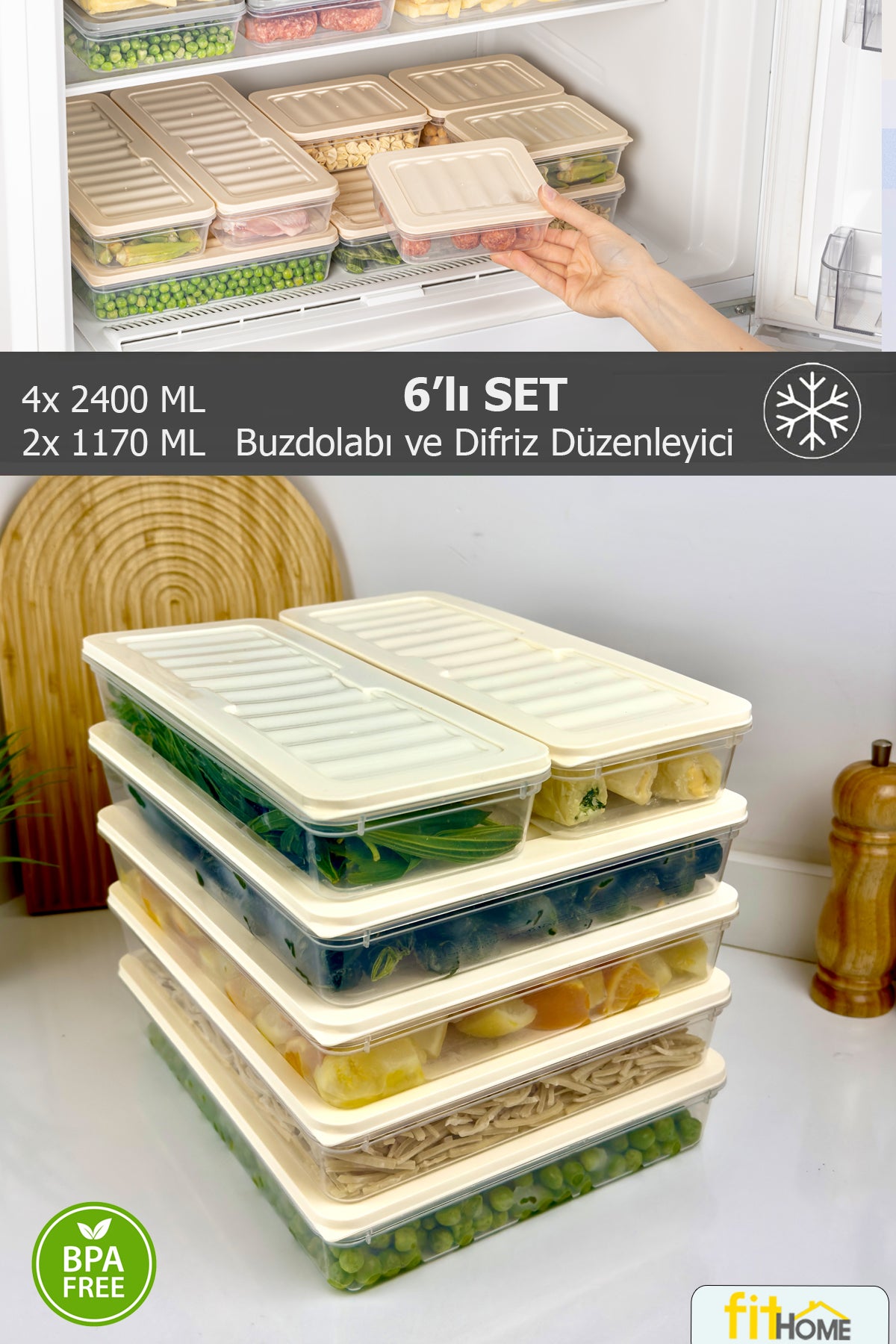 Derin Dondurucu ve Buzdolabı Düzenleyici 6'lı Set Hava Almaz Saklama Kabı 4x2400ML 2x1170ML