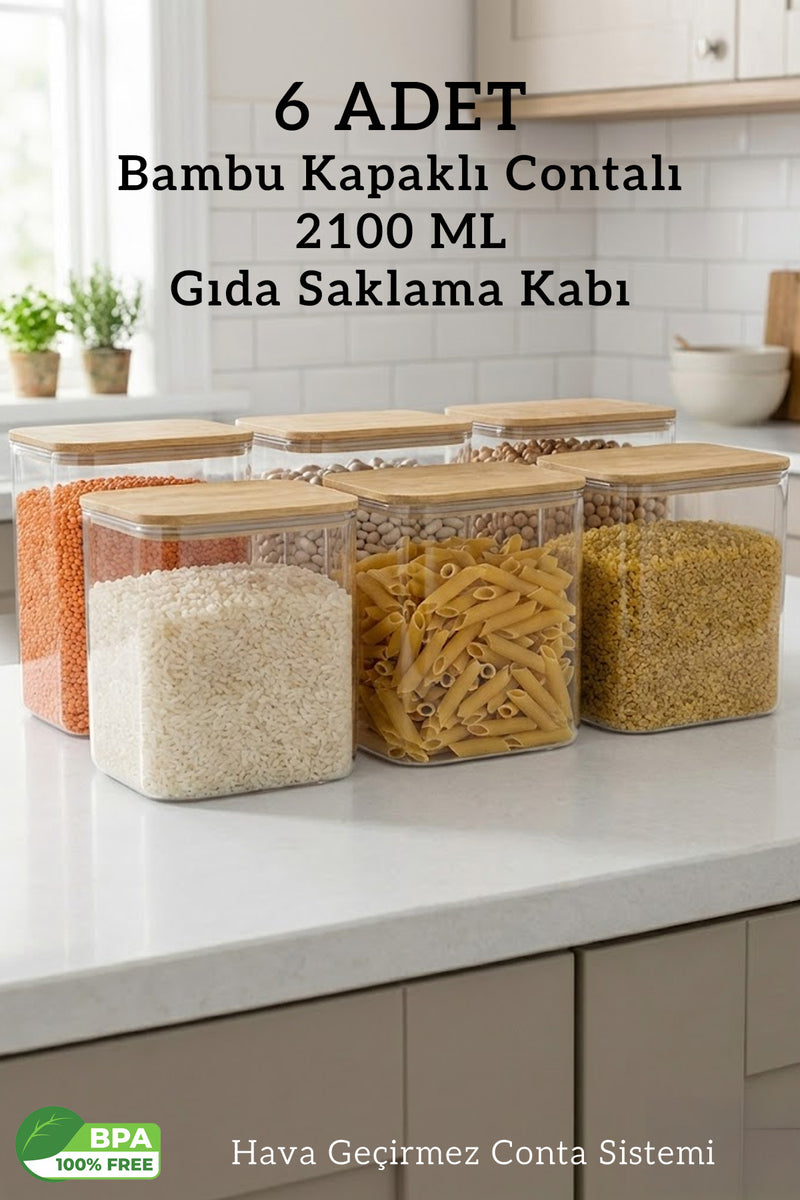 6’lı Bambu Kapaklı Dikdörtgen 2100 ML Hava Geçirmez Gıda Saklama Kabı Seti