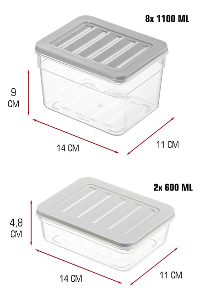 10’lu Buzdolabı Düzenleyici Saklama Kabı Seti – 8×1100 ML + 2×600 ML | Mikrodalga Uyumlu | BPA Free