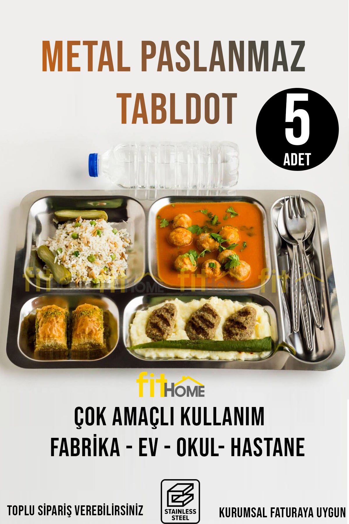 Metal Paslanmaz Çelik Yemek Tabldot Servis Tabağı Fabrika Hastane Okul Çok Amaçlı Kullanım