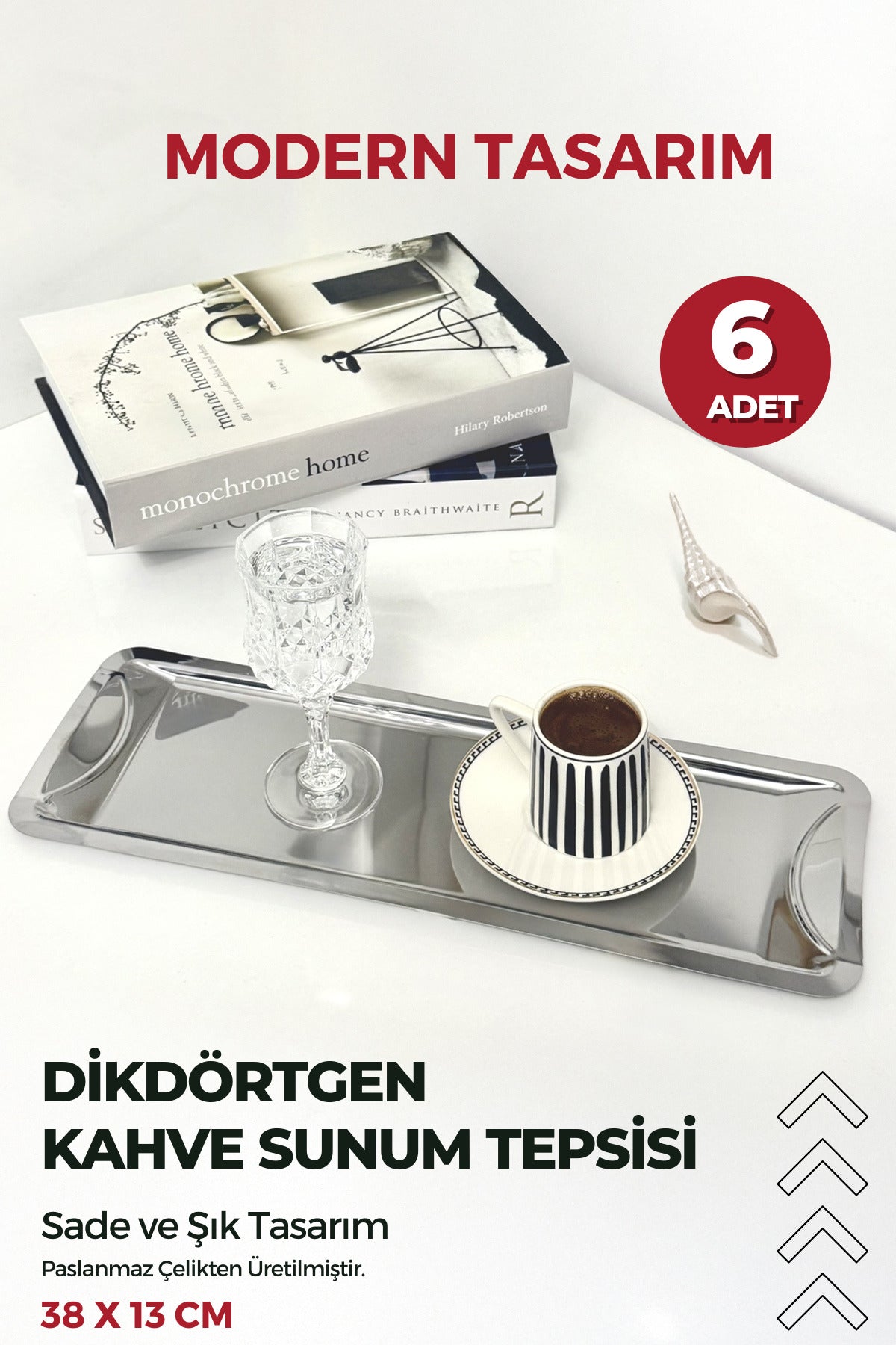 6 Adet Dikdörtgen Paslanmaz Kahve Sunum Tepsisi Modern Tasarım