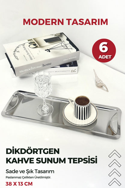 6 Adet Dikdörtgen Paslanmaz Kahve Sunum Tepsisi Modern Tasarım