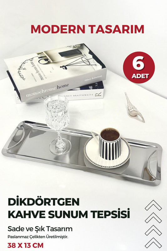6 Adet Dikdörtgen Paslanmaz Kahve Sunum Tepsisi Modern Tasarım