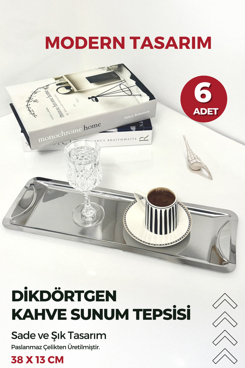 6 Adet Dikdörtgen Paslanmaz Kahve Sunum Tepsisi Modern Tasarım