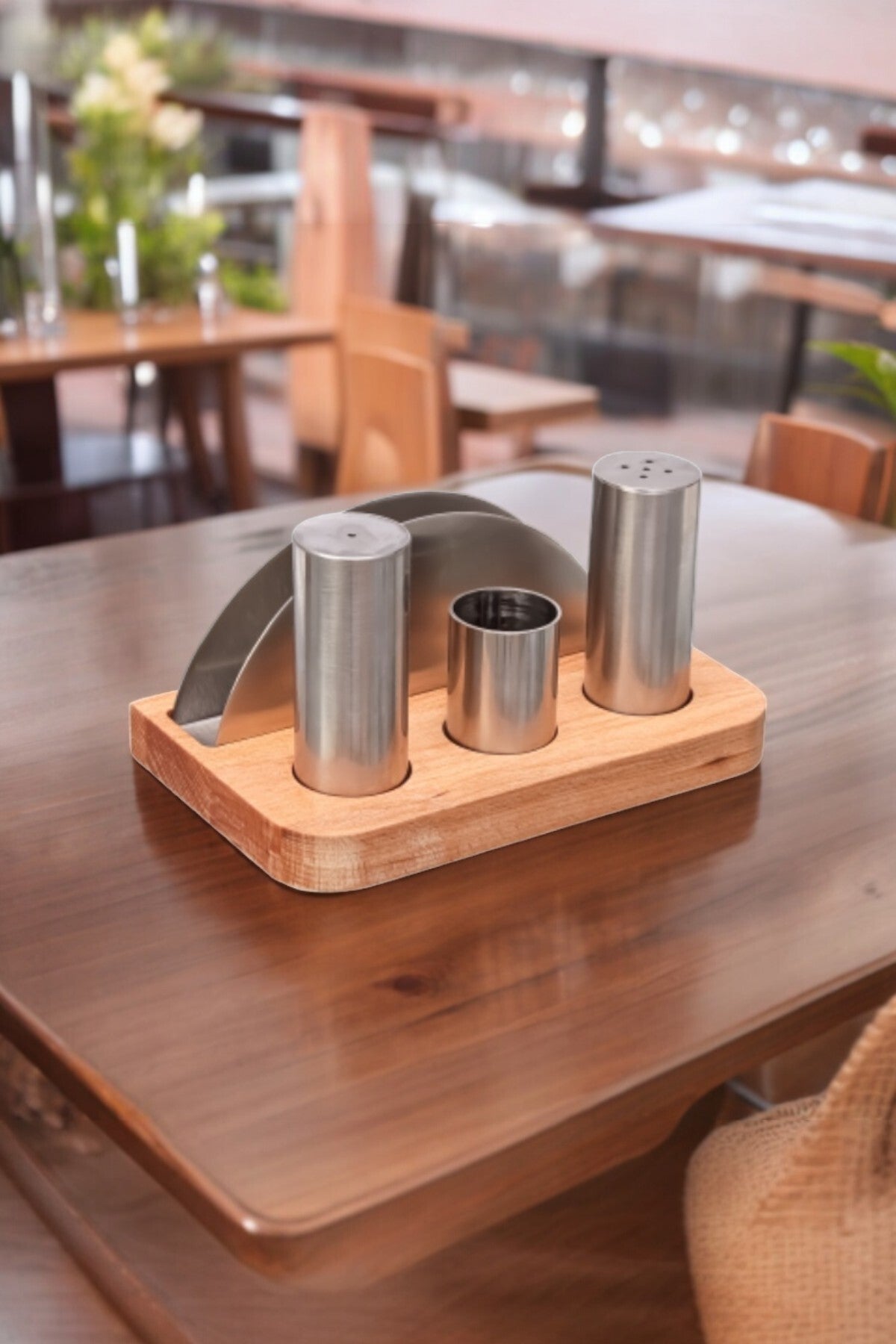 Ahşap Stantlı 4 Lü Kafe Restoran Tuzluk ve Baharatlık Seti Menaj