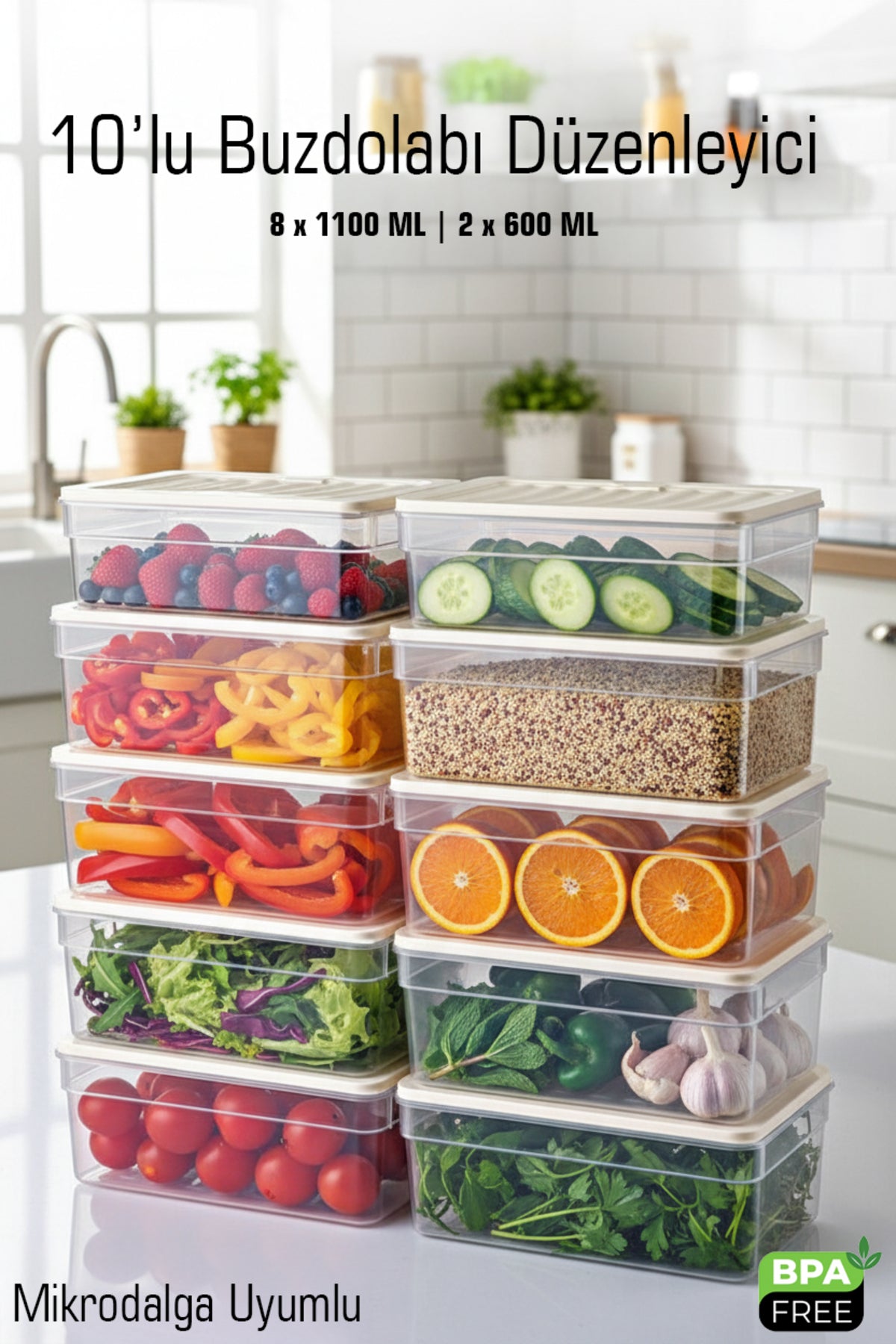 10’lu Buzdolabı Düzenleyici Saklama Kabı Seti – 8×1100 ML + 2×600 ML | Mikrodalga Uyumlu | BPA Free