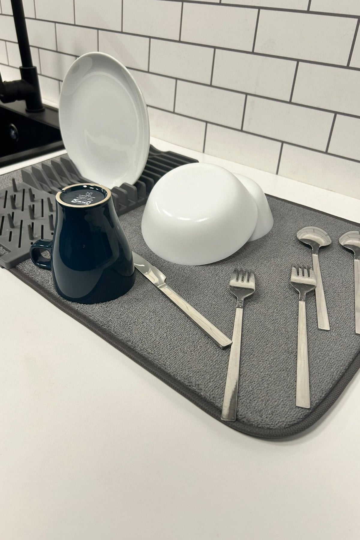 Katlanabilir Bulaşıklık 2 Katlı Büyük Boy – Mikrofiber Matlı Tezgah Üstü Kurutmalık Organizer