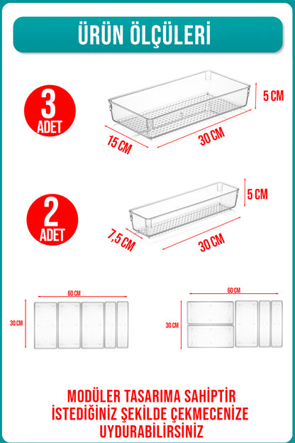 5 Parça Modüler Kepçelik Organizer Şeffaf Çekmece İçi Düzenleyici