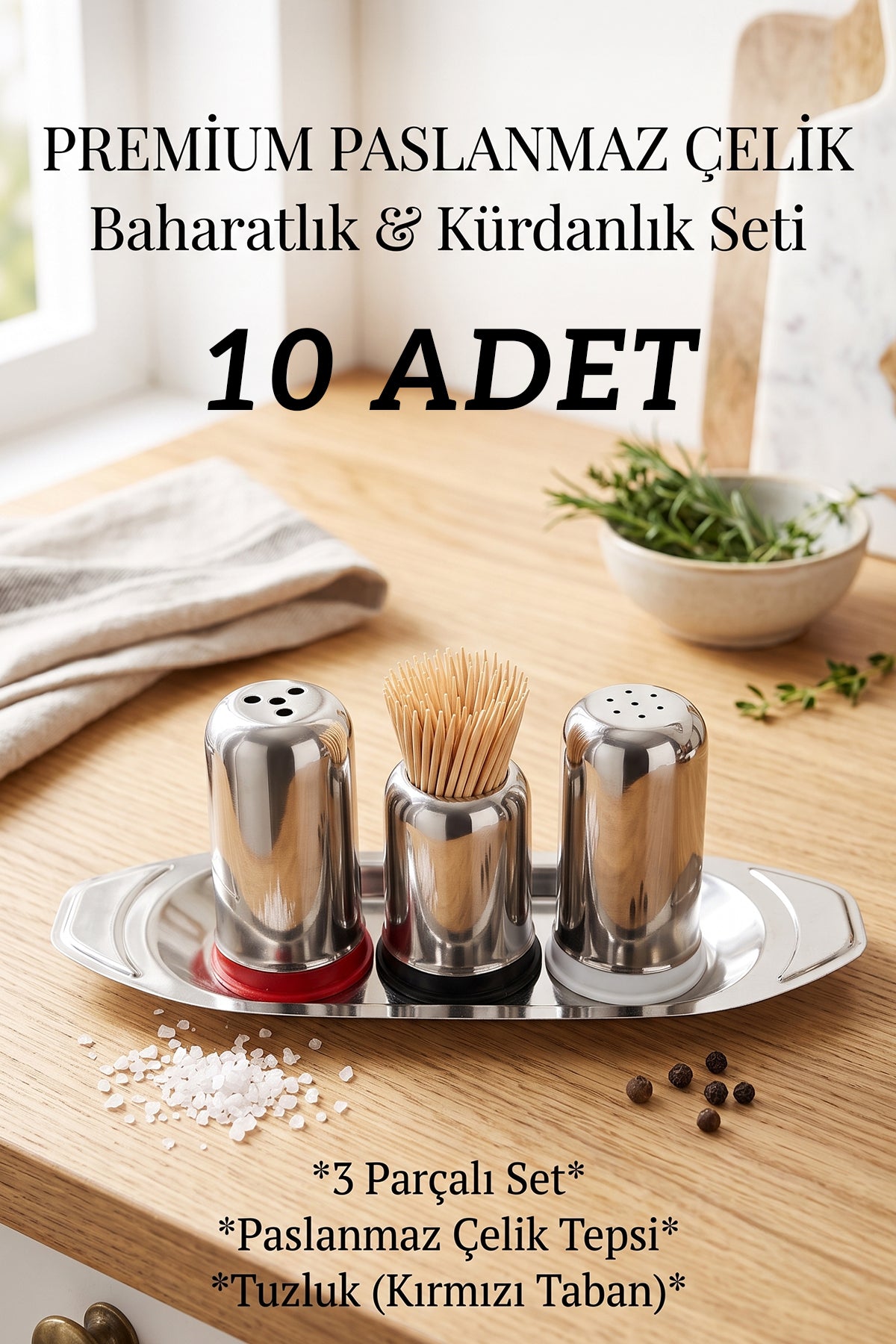 Paslanmaz Çelik 10'lu Baharatlık Seti Tepsili Metal Tuzluk Karabiberlik Baharat Düzenleyici Restoran Lokanta Kafe Ev Kullanımı