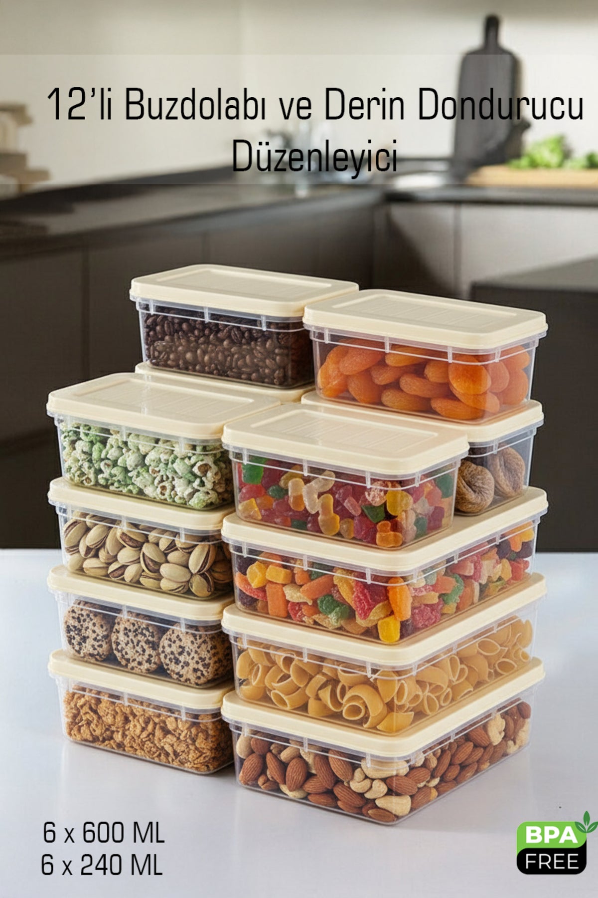 12’li Buzdolabı Düzenleyici Saklama Kabı Seti – 6×600 ML + 6×240 ML | BPA Free | Mikrodalga Uyumlu