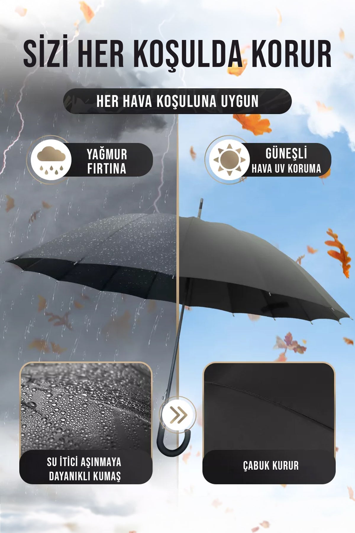 16 TEL FİBER RÜZGARA KARŞI DAYANIKLI PROTOKOL BASTON ŞEMSİYE