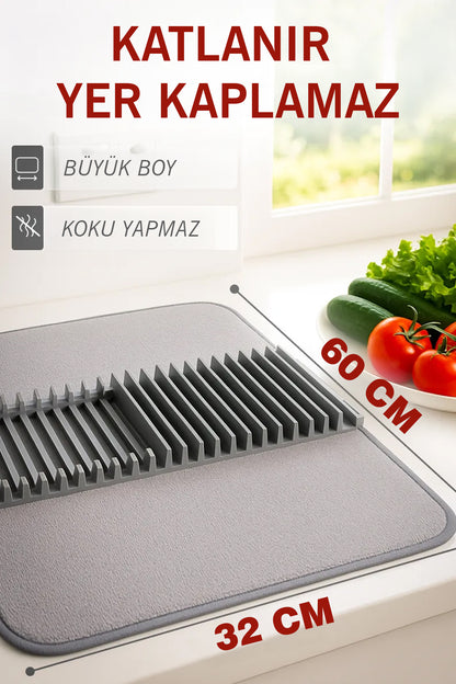 Bulaşıklık Katlanabilir 2 Katlı Büyük Boy – Mikrofiber Matlı Tezgah Üstü Kurutma Aparatı